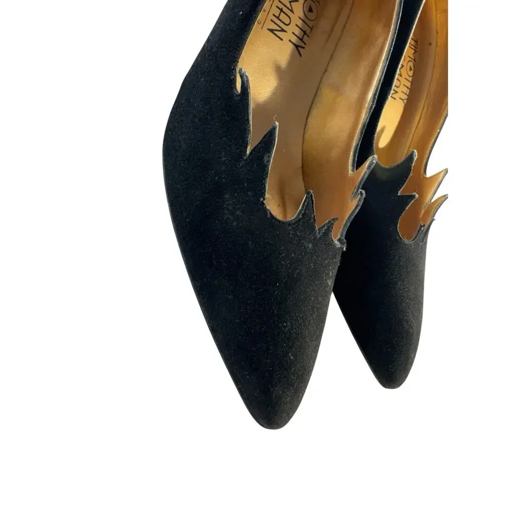 Vintage Timothy‎ Hitsman Women Suede Leather Heels Scalloped Waves Black 6.5M